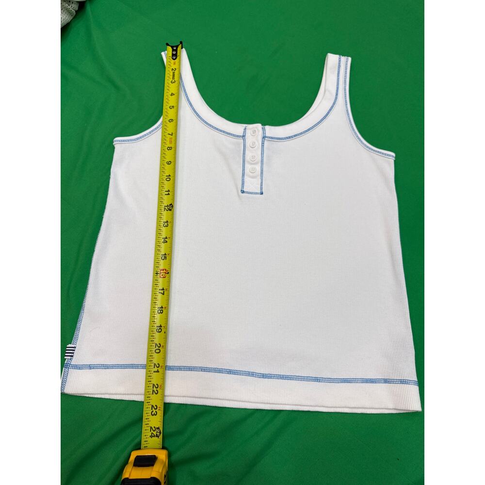 Jones New York women’s white ribbed cotton blue stitching Henley tank top L - Picture 7 of 11